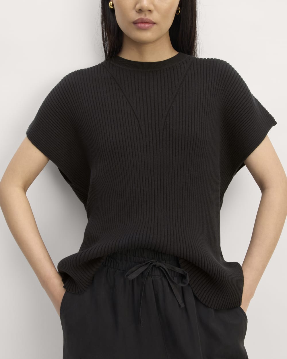 The Cotton Knit Caftan Top in Black — detail view