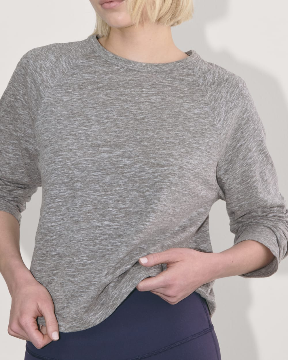 The Perform Crew Tee in Heathered Grey — detail view