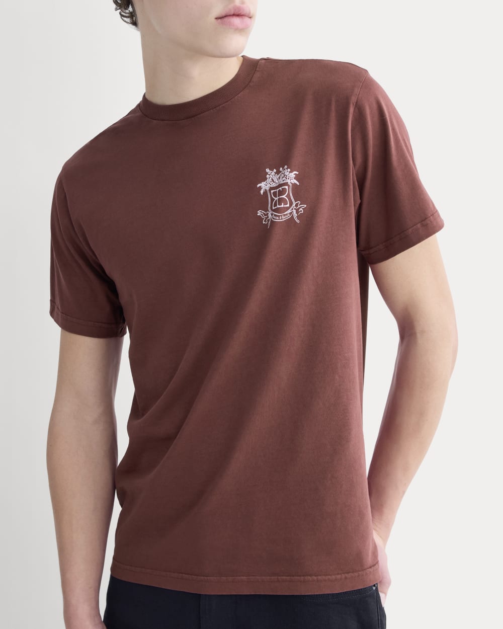 Everlane x Peace and Quiet Crest Graphic Tee in Wine — detail view