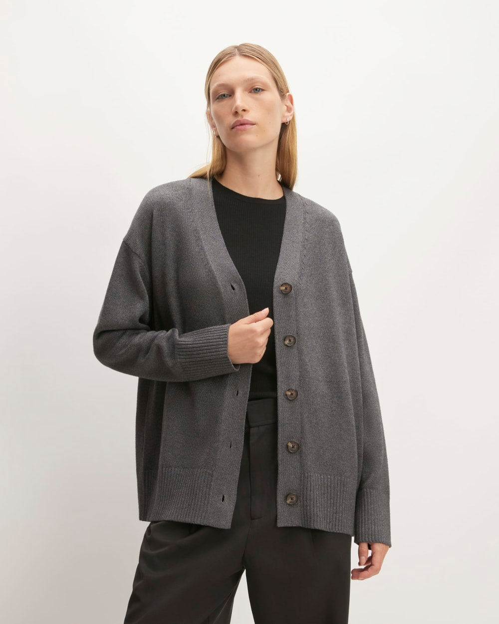 The Organic Cotton Cardigan in Heathered Charcoal — front view