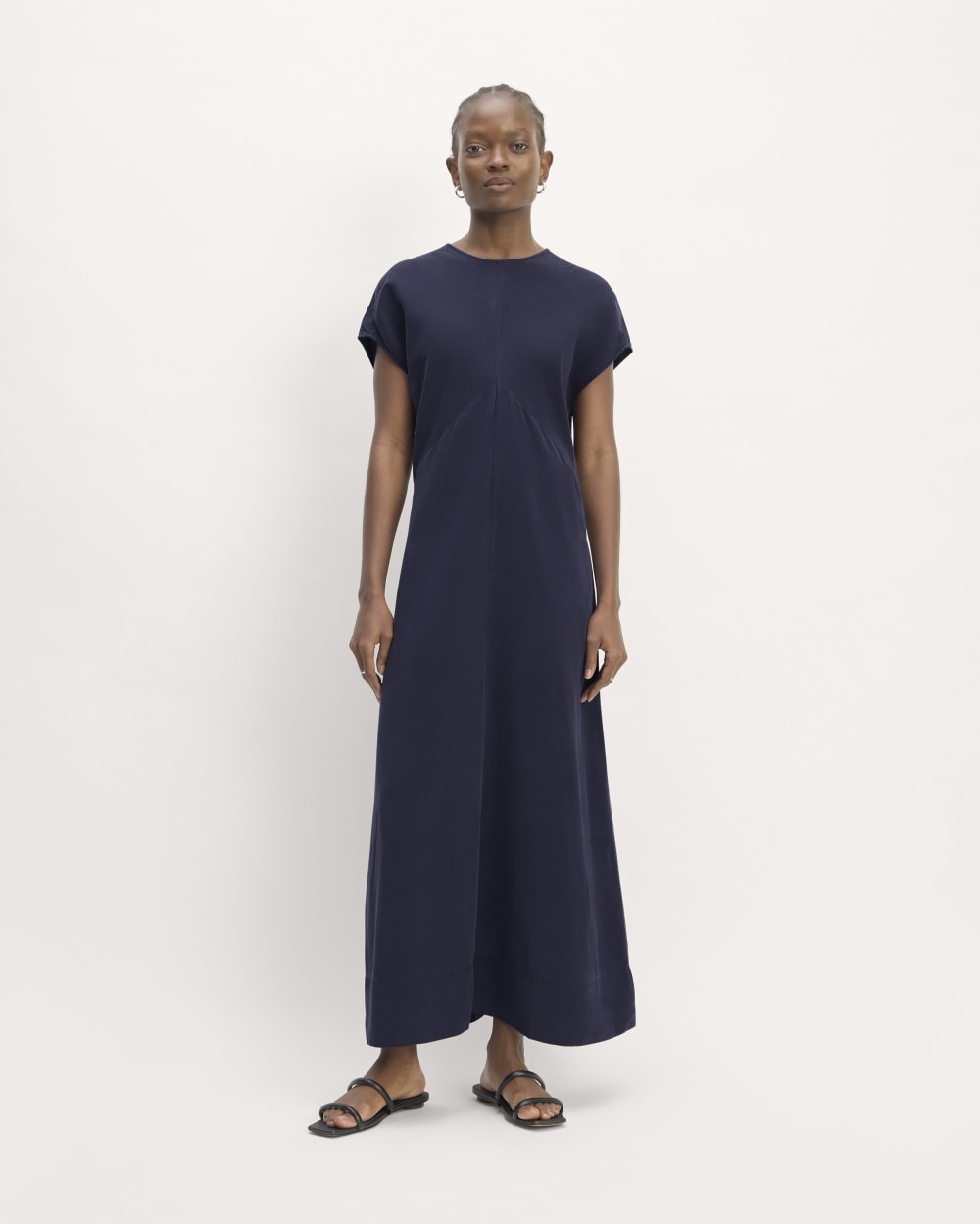 The TENCEL™ Short-Sleeve Midi Dress in Navy — front view