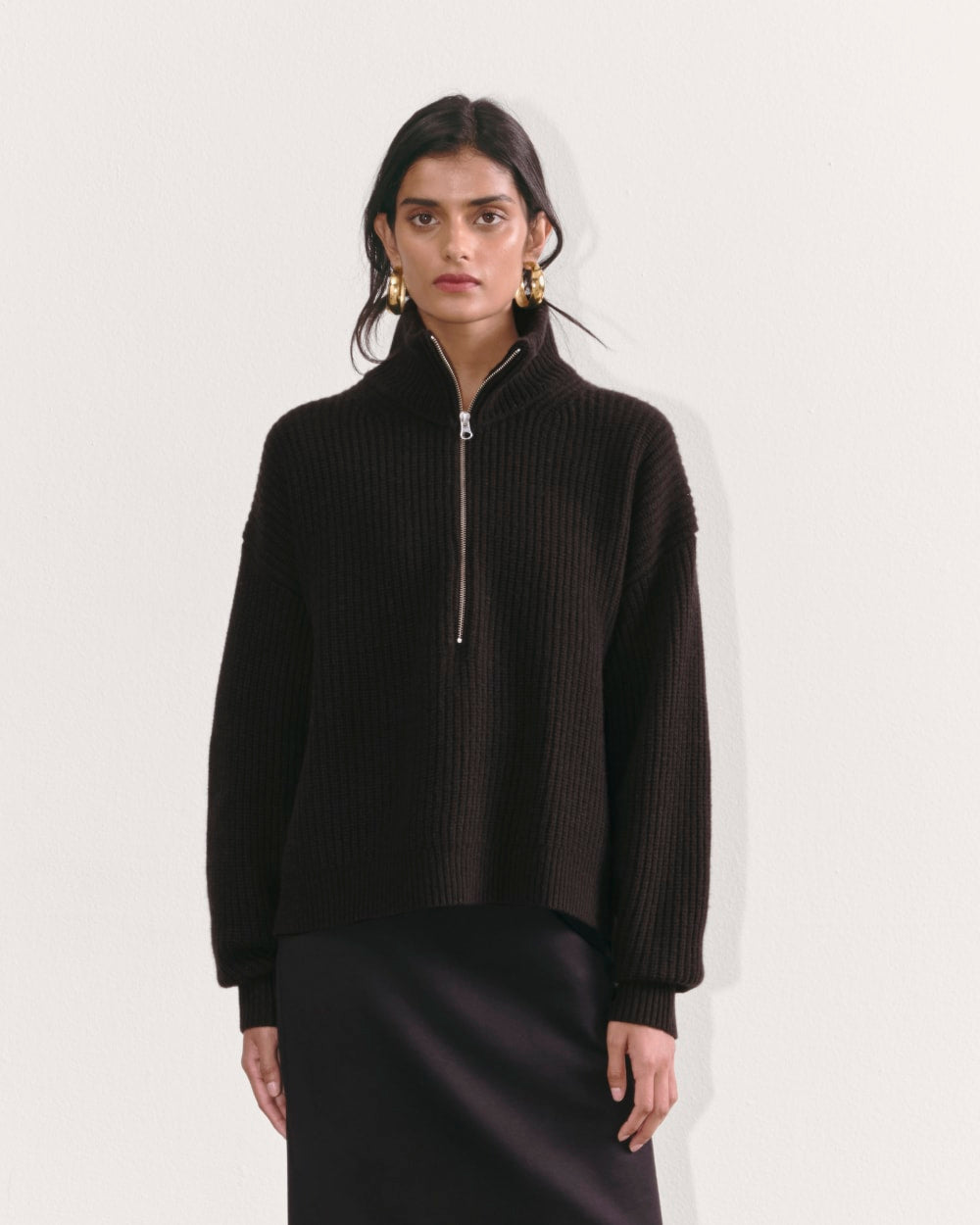 The Half-Zip Sweater in Luxe Merino in Black — front view