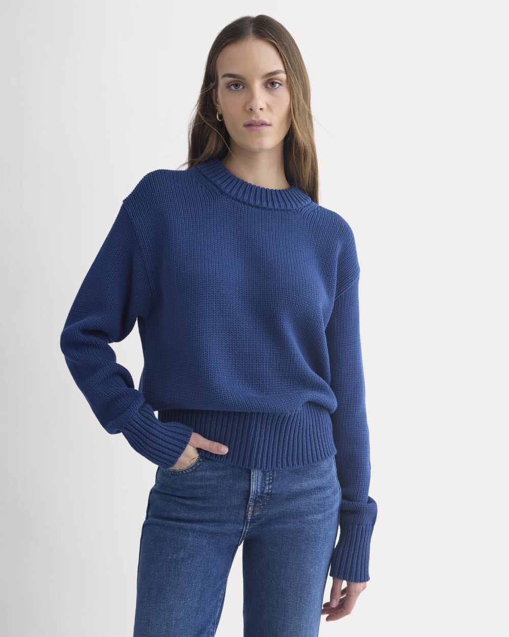 Oversized Cocoon Crew in Elevated Cotton in Estate Blue — front view