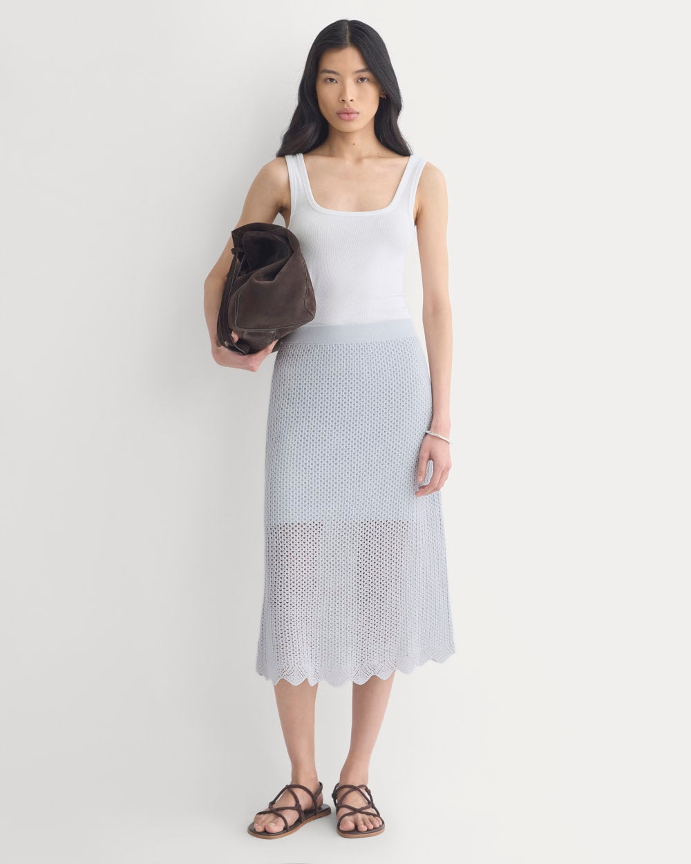 Lace-Knit Midi Skirt in Skywriting — front view