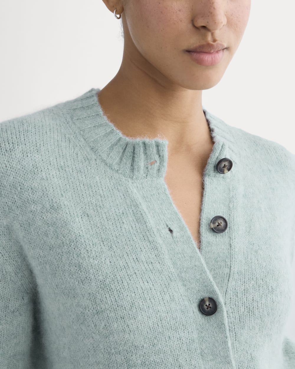 The Crew Cardigan in Alpaca in Heather Gray Mist — detail view