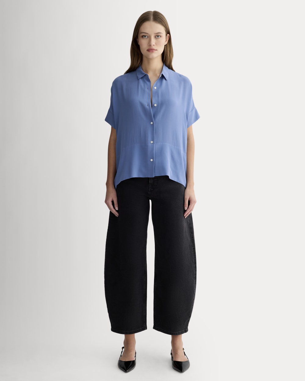The Boxy Shirt in Washable Silk in French Blue — detail view