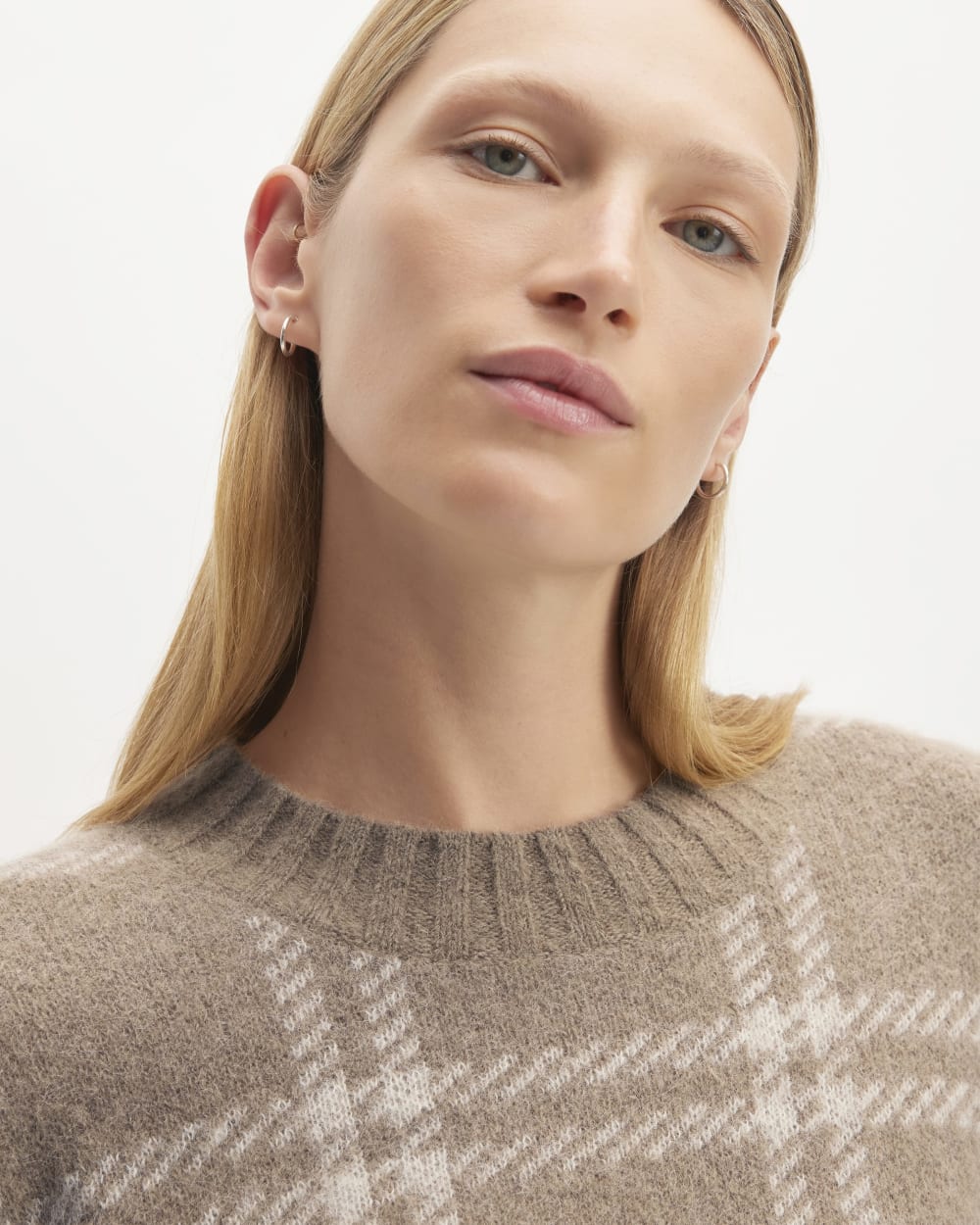 The Alpaca Cropped Crewneck Sweater in Wheat / Lightest Taupe — detail view