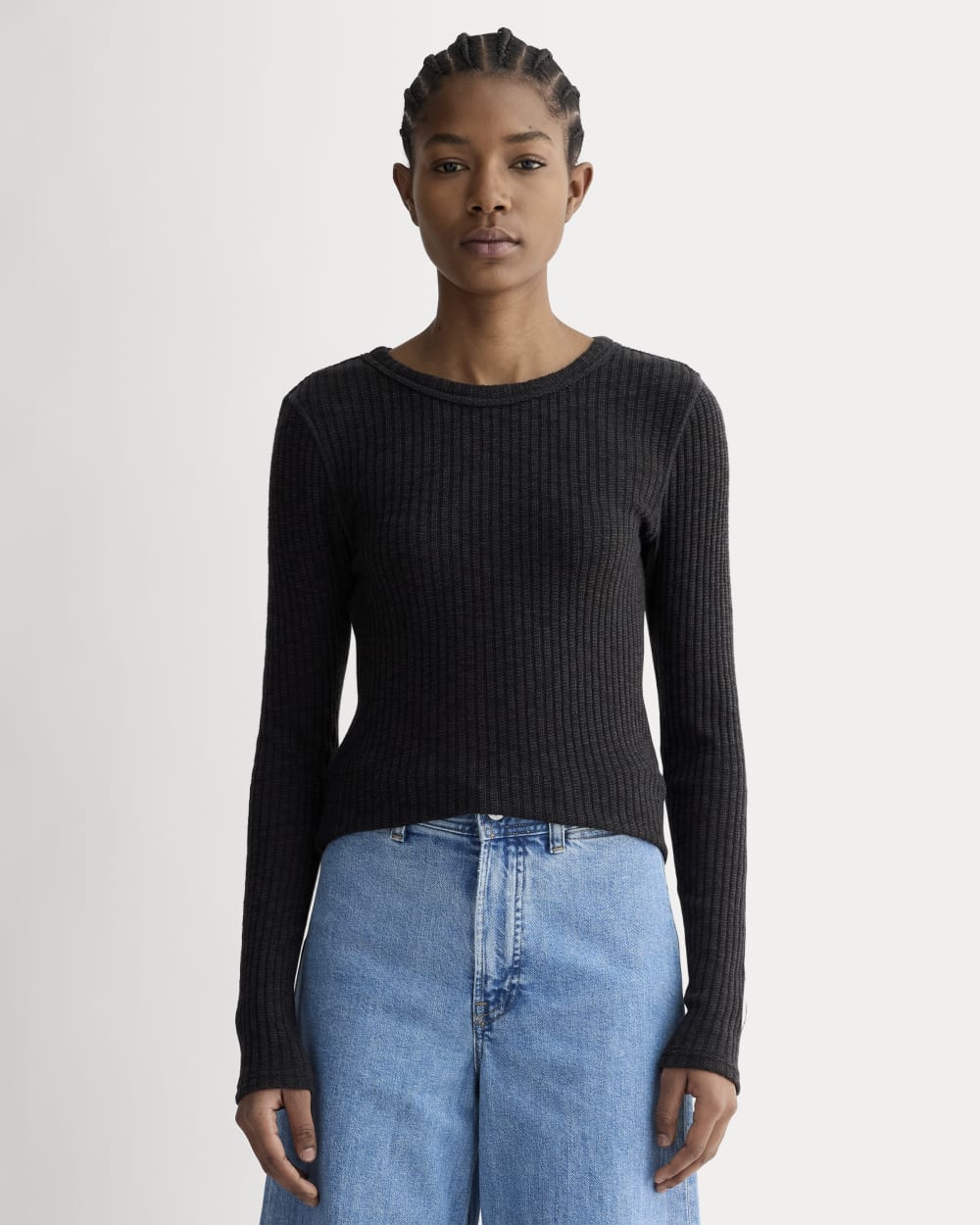 The Cozy Rib Long-Sleeve Tee in Black — front view