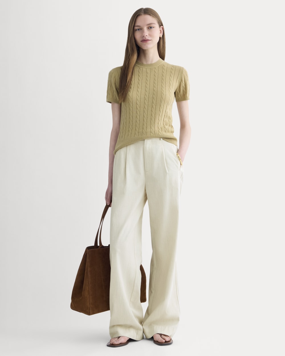 The Cable Crew in Cotton Cashmere in Classic Khaki — detail view