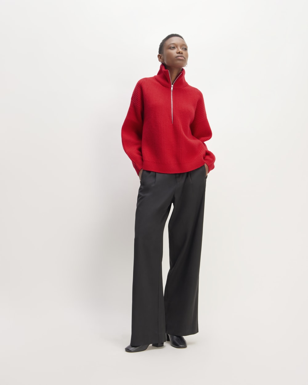 The Half-Zip Sweater in Luxe Merino in Classic Red — detail view