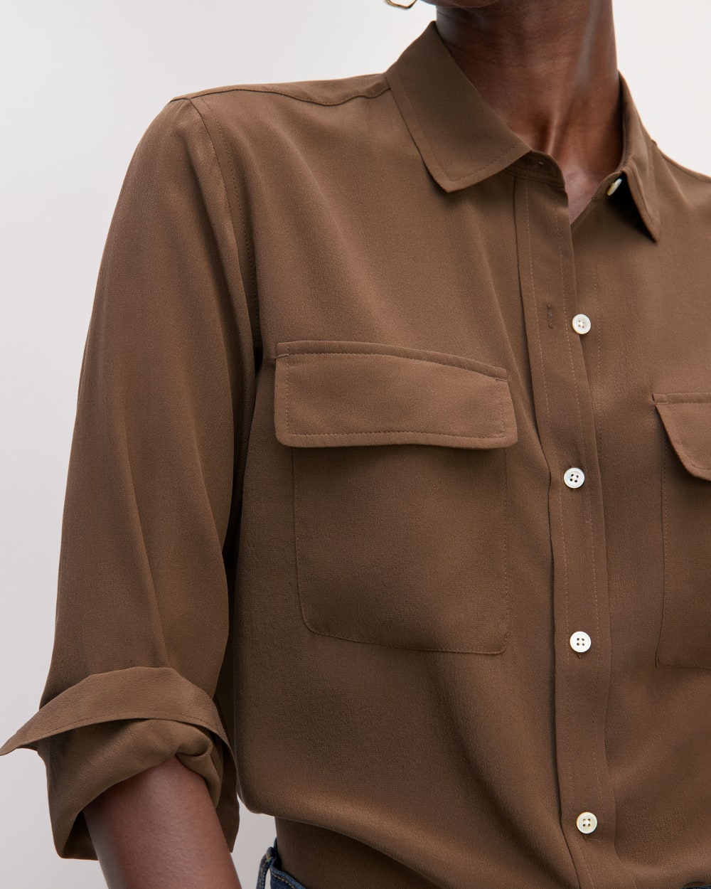The Utility Shirt in Washable Silk in Cocoa — detail view