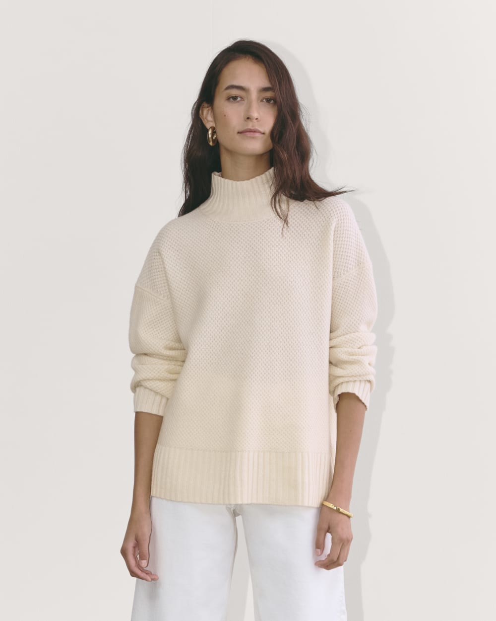 The Honeycomb Funnel Neck in Wool Cashmere in Bone — front view