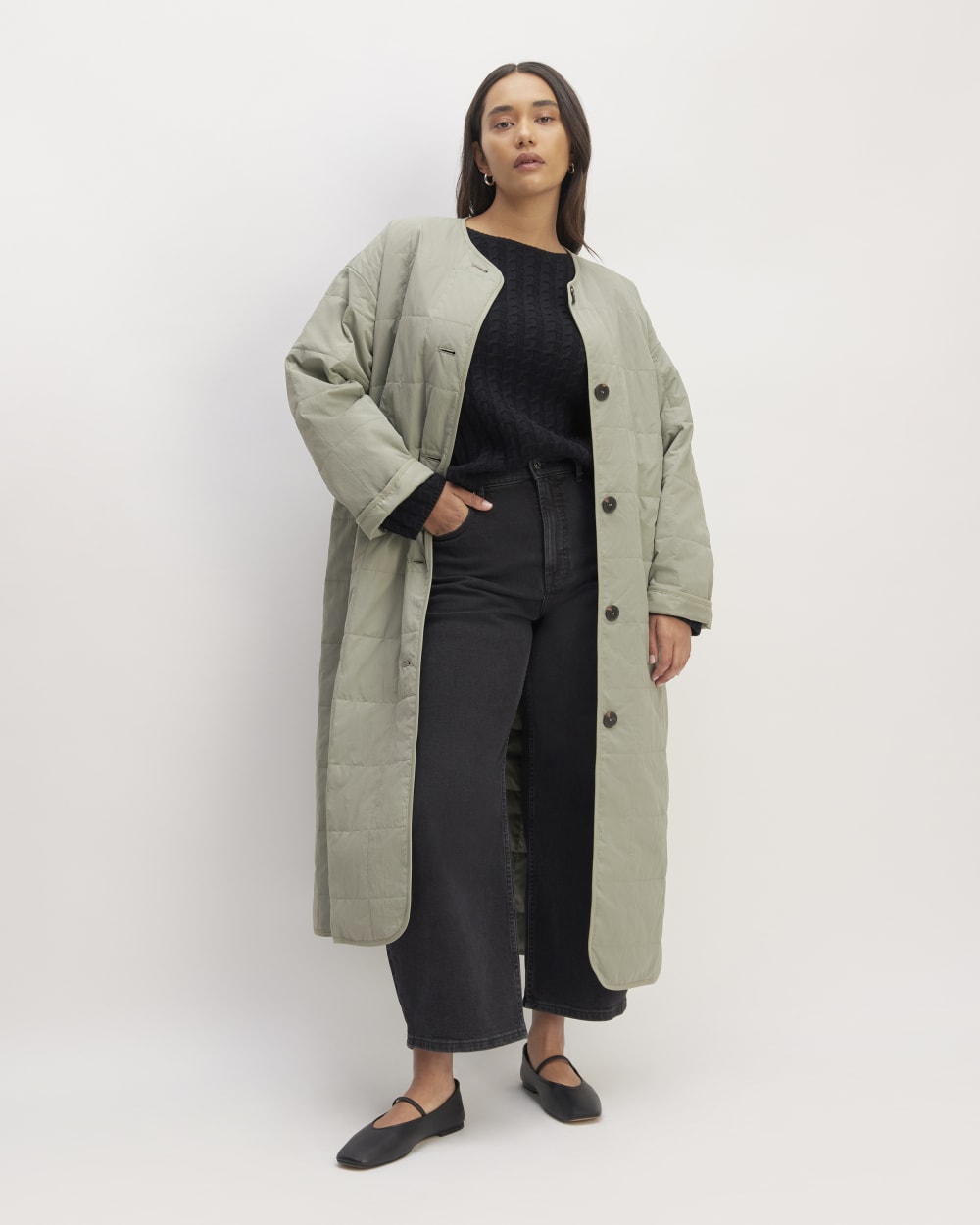 The ReNew Quilted Long Liner in Sage Green — front view
