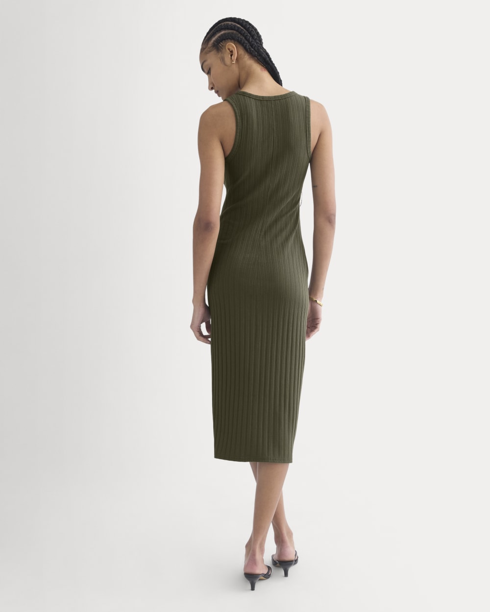Scoop-Neck Midi Dress in Pointelle Knit in Olive Night — detail view