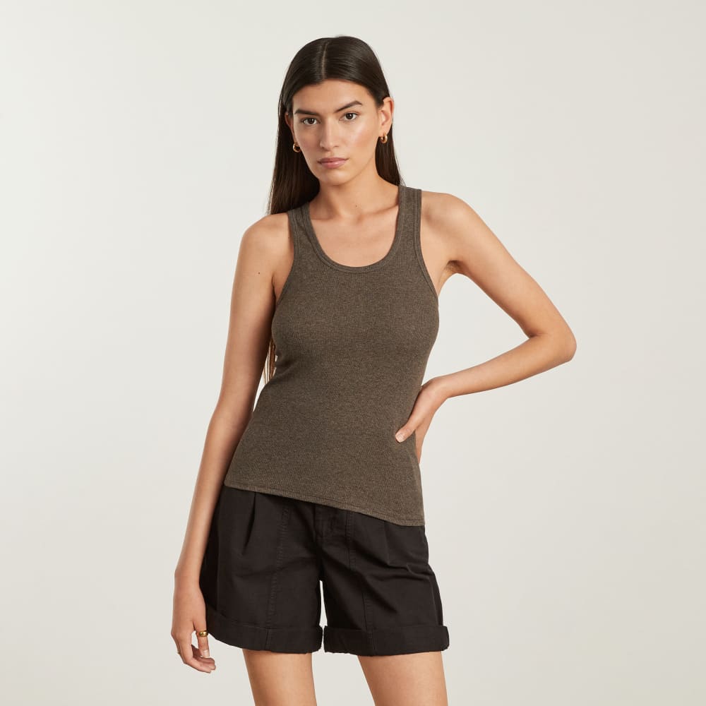 The Pima Micro-Rib U-neck Tank in Heathered Fatigue — alternate view
