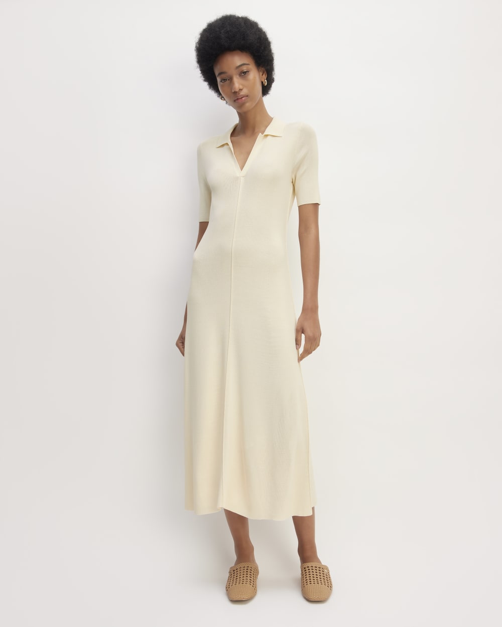 The Viscose Knit Polo Midi Dress in Beige — front view