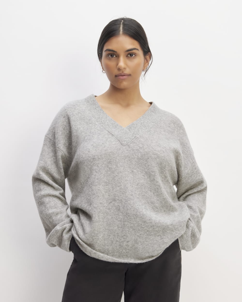 The Cozy-Stretch V-Neck Sweater in Heathered Grey — front view