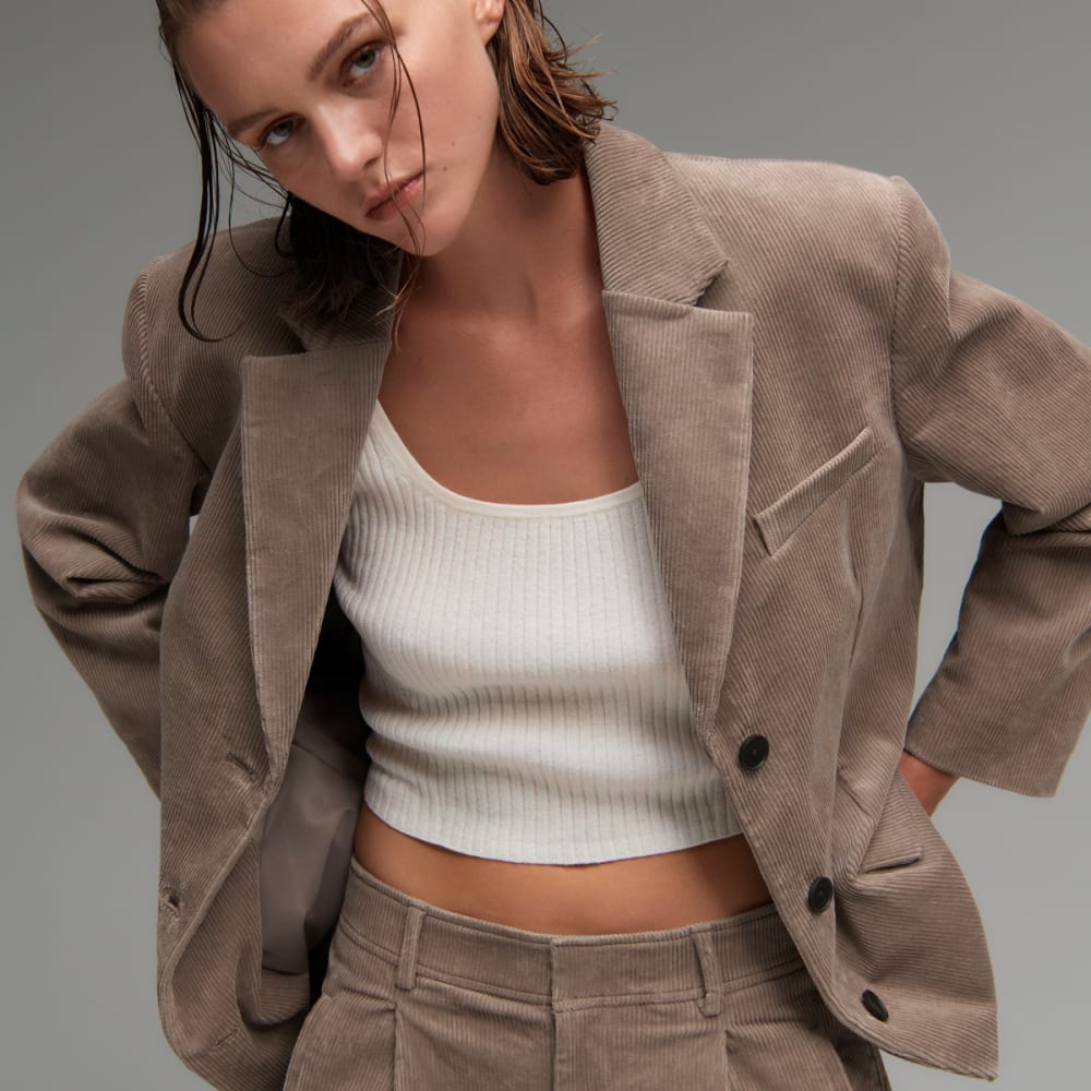 The Corduroy ’80s Blazer in Taupe Grey — detail view