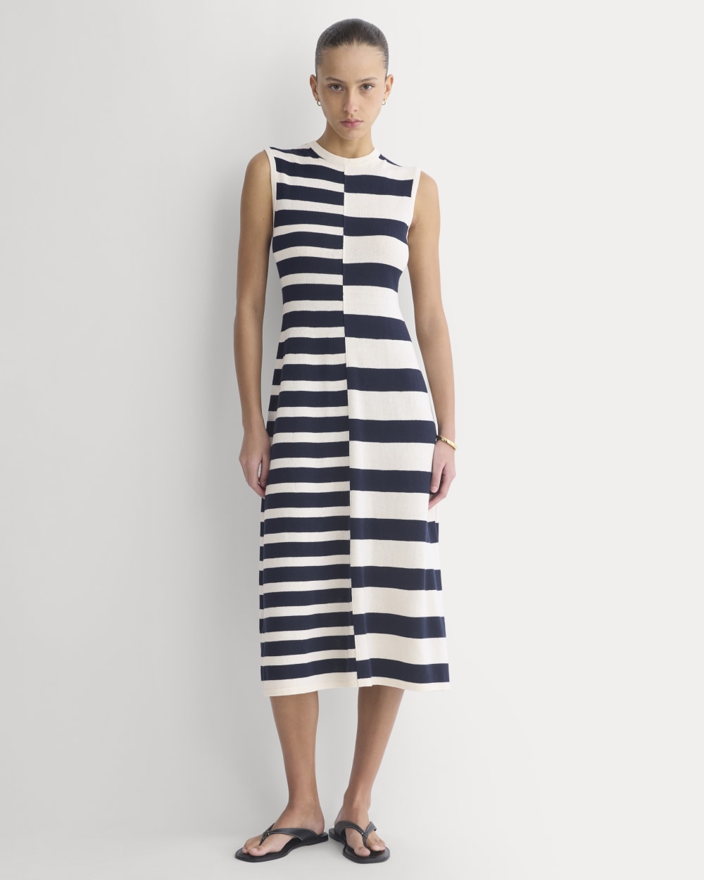 Striped Sweater Midi Dress in Bone/True Navy Duo Stripe — front view