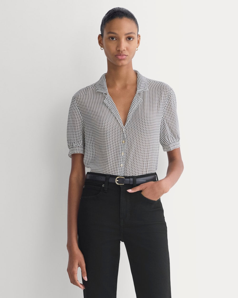 Notch Collar Shirt in Silk Georgette in Gardenia/Black Micro Dot — detail view