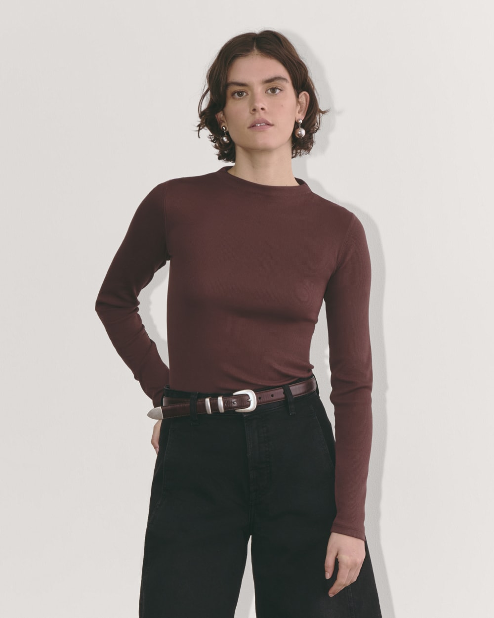 The Luxe Rib Funnel-Neck Tee in Dark Mahogany — front view