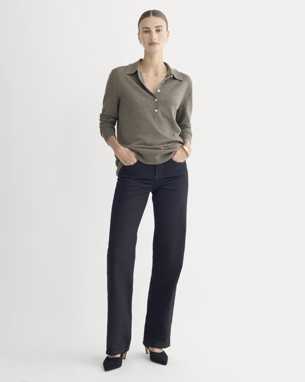 Oversized Polo Sweater in Cotton Merino in Heather Ash Taupe — detail view