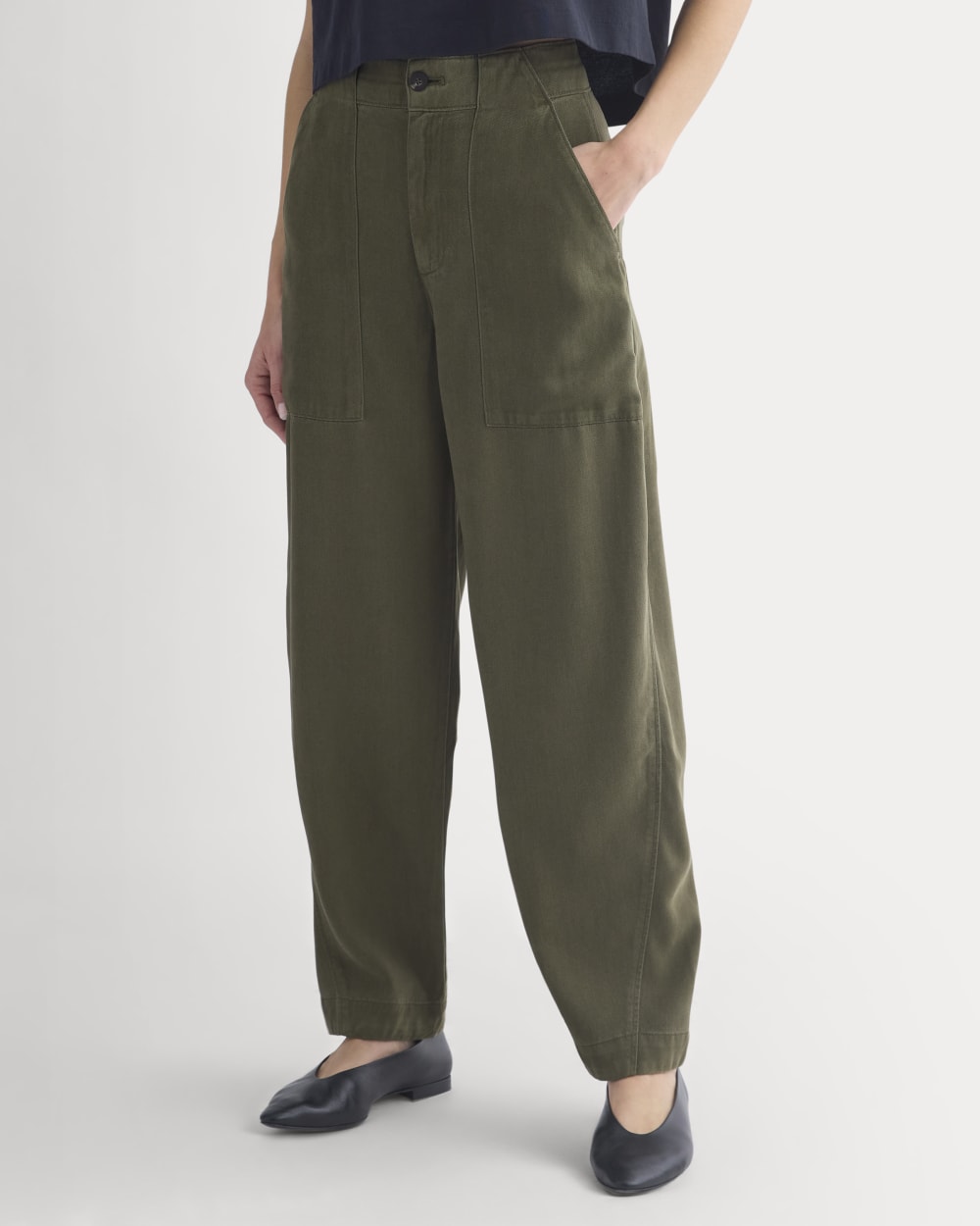 Patch Pocket Ballon Pant in Buttersoft in Olive Night — detail view