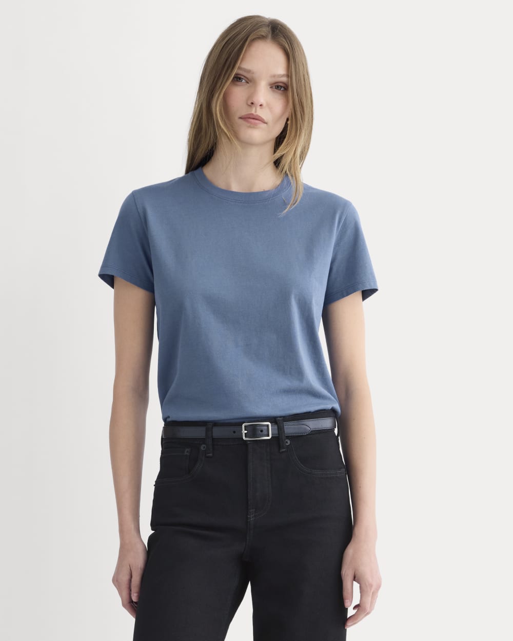 The Box-Cut Tee in Essential Cotton in Faded Navy — front view