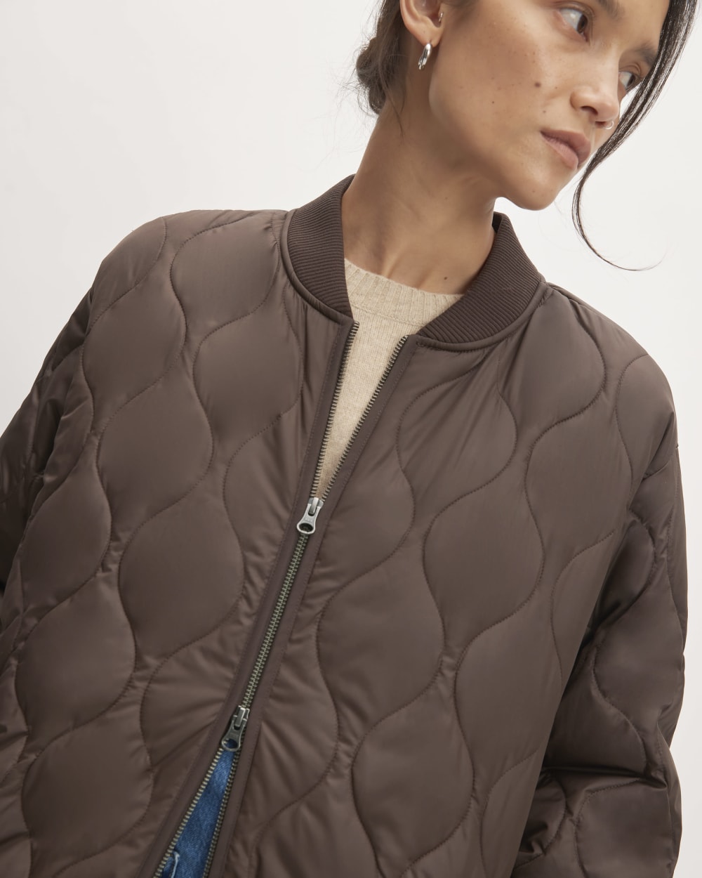 The ReNew Long Liner in Earth Brown — detail view