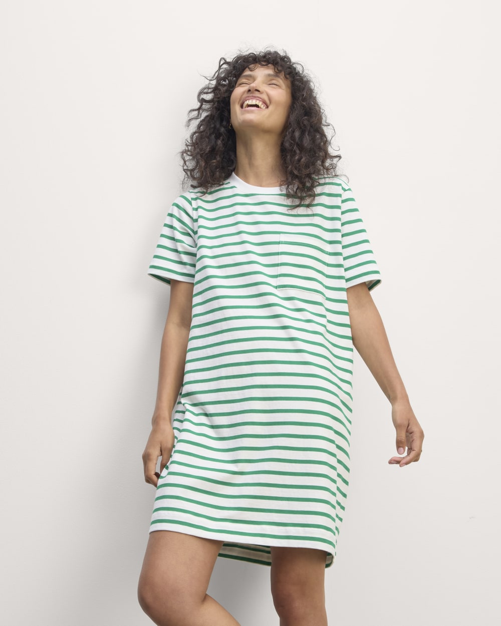 The Organic Cotton Weekend Tee Dress in Bone / Grass Green — detail view