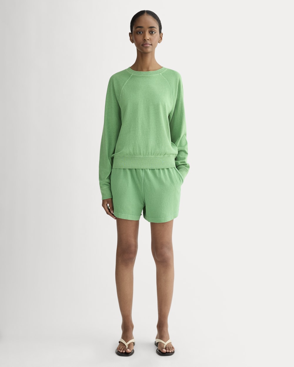 The Off-Duty Long-Sleeve Tee in Green Garment Dye — detail view