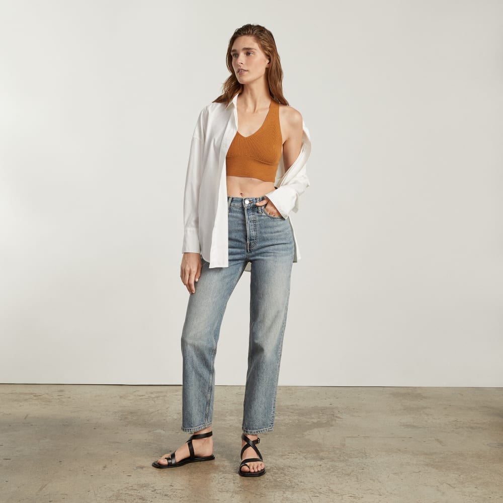 The Cross-Back Cropped Sweater Top in Butter Caramel — detail view