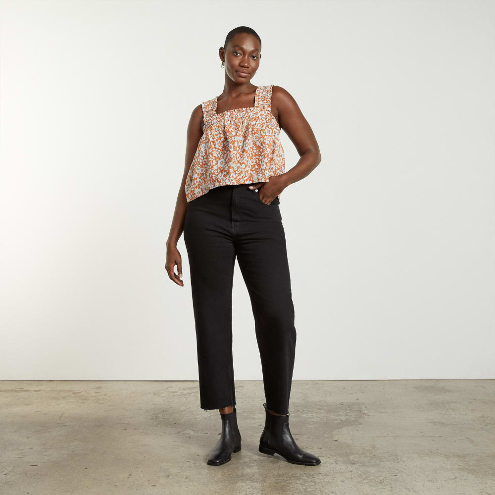 The Smocked Linen Cami in Honey Floral — detail view