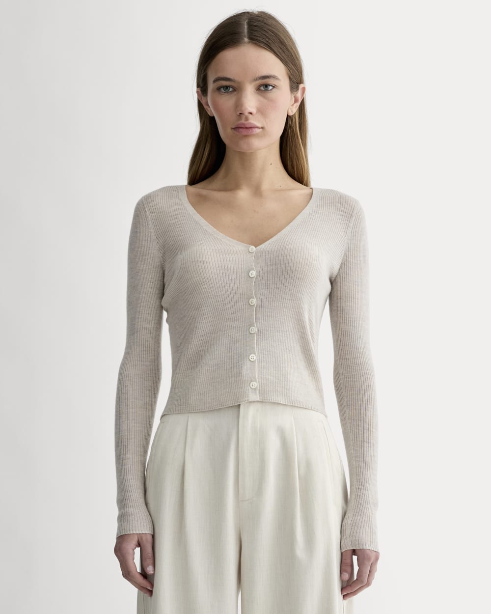 The Cardigan in Ultrasoft Merino in Heather Oatmeal — front view