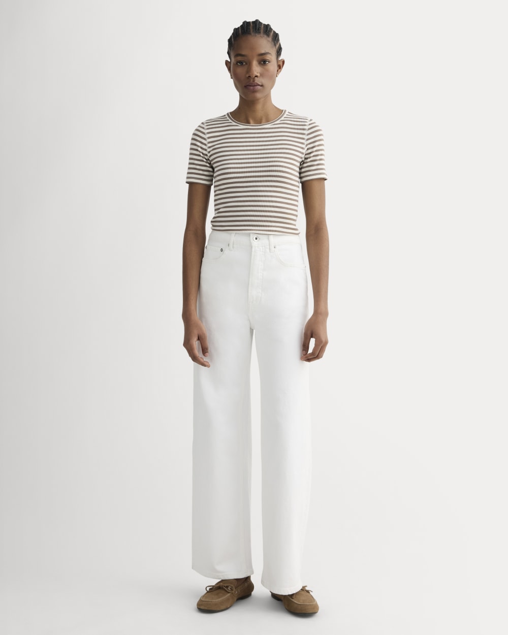 The Luxe Rib Crew in Bone / Deep Taupe — detail view