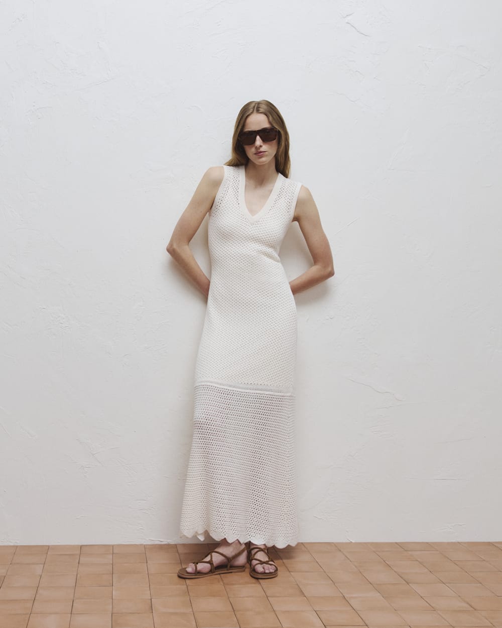 Lace Knit Maxi Sweater Dress in Bone — detail view