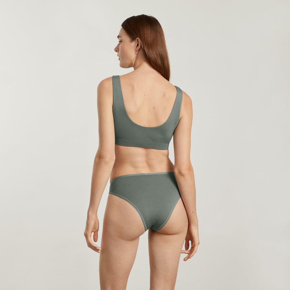 The Cotton High-Rise Bikini in Dark Sage — detail view