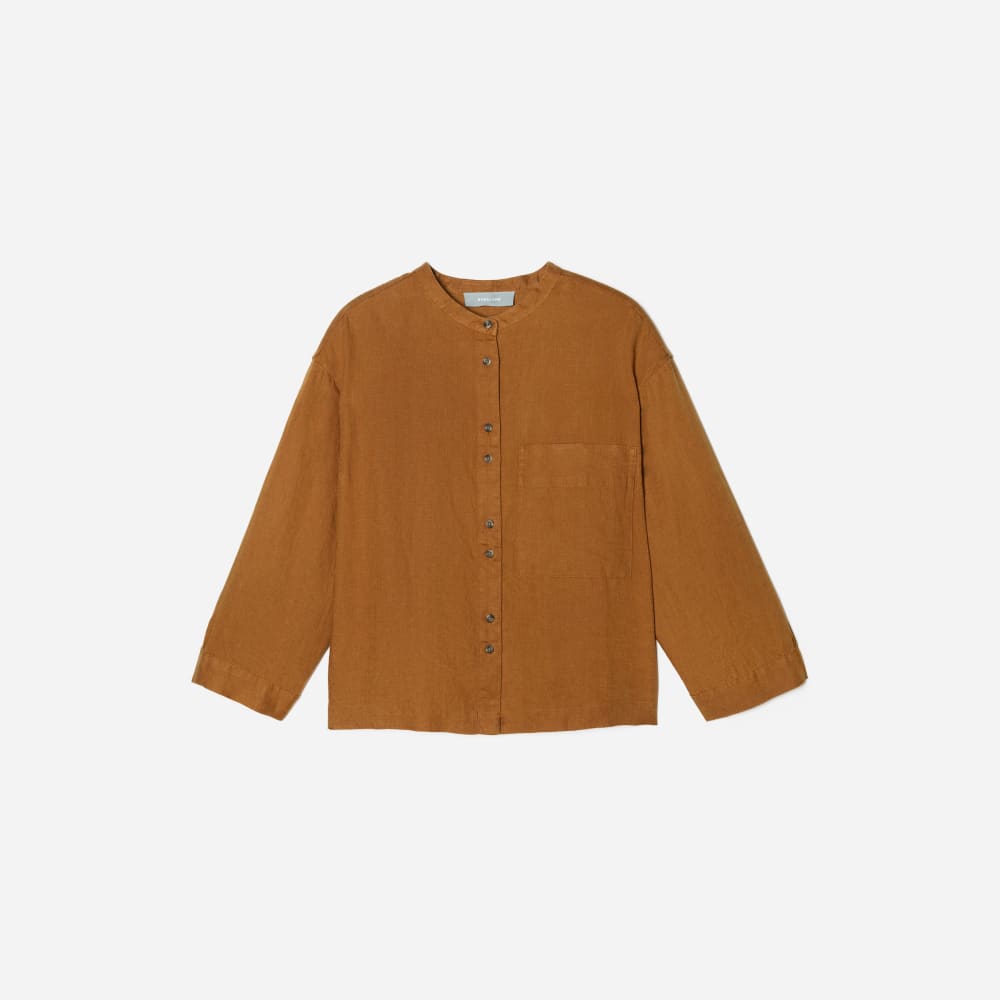 The Linen Billow Blouse in Tawny Brown — front view