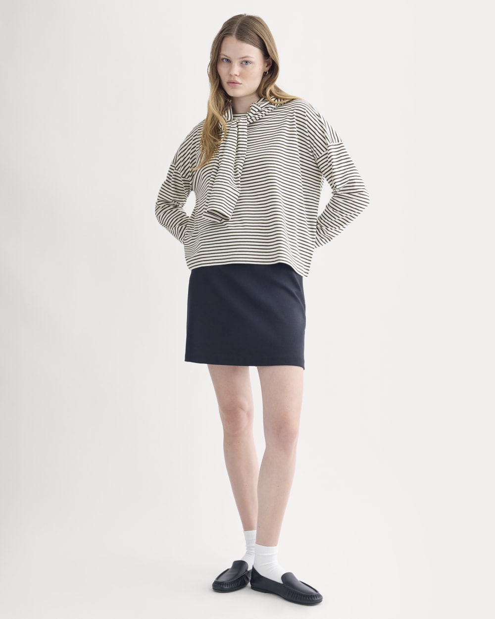 Oversized Boxy Crew in Essential Cotton in Bone / Pirate Black Stripe — detail view