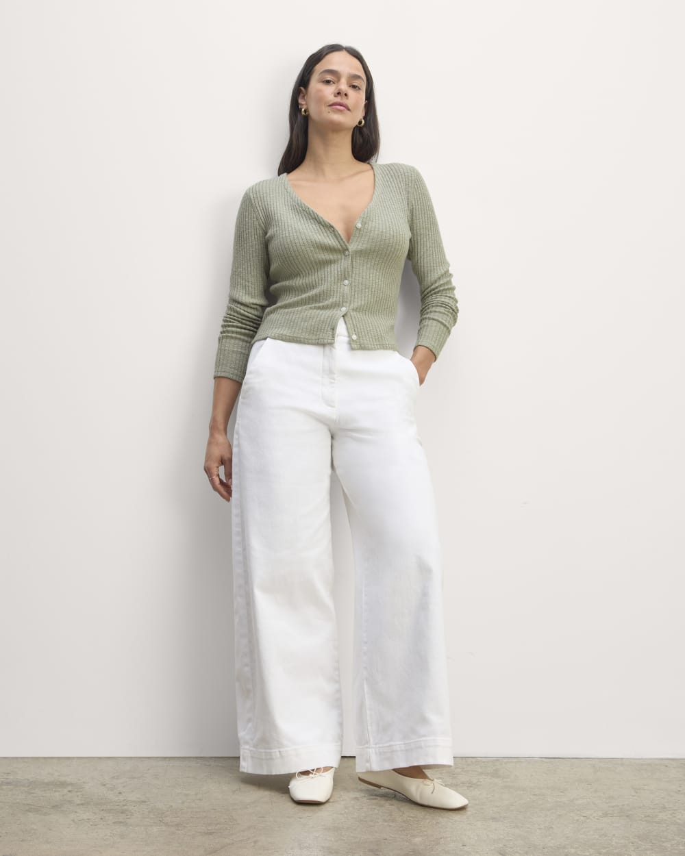 The Cozy Rib Cardigan in Sage Green — detail view