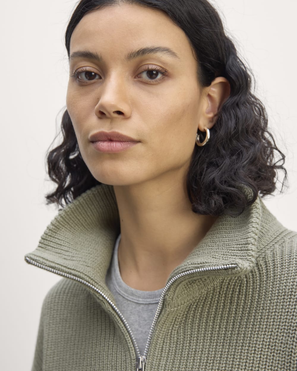 The Half-Zip in Everyday Cotton in Sage Green — detail view