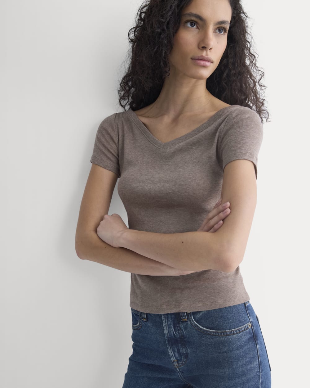 Tissue Short-Sleeve V-Neck Top in Heathered Chocolate Chip — detail view