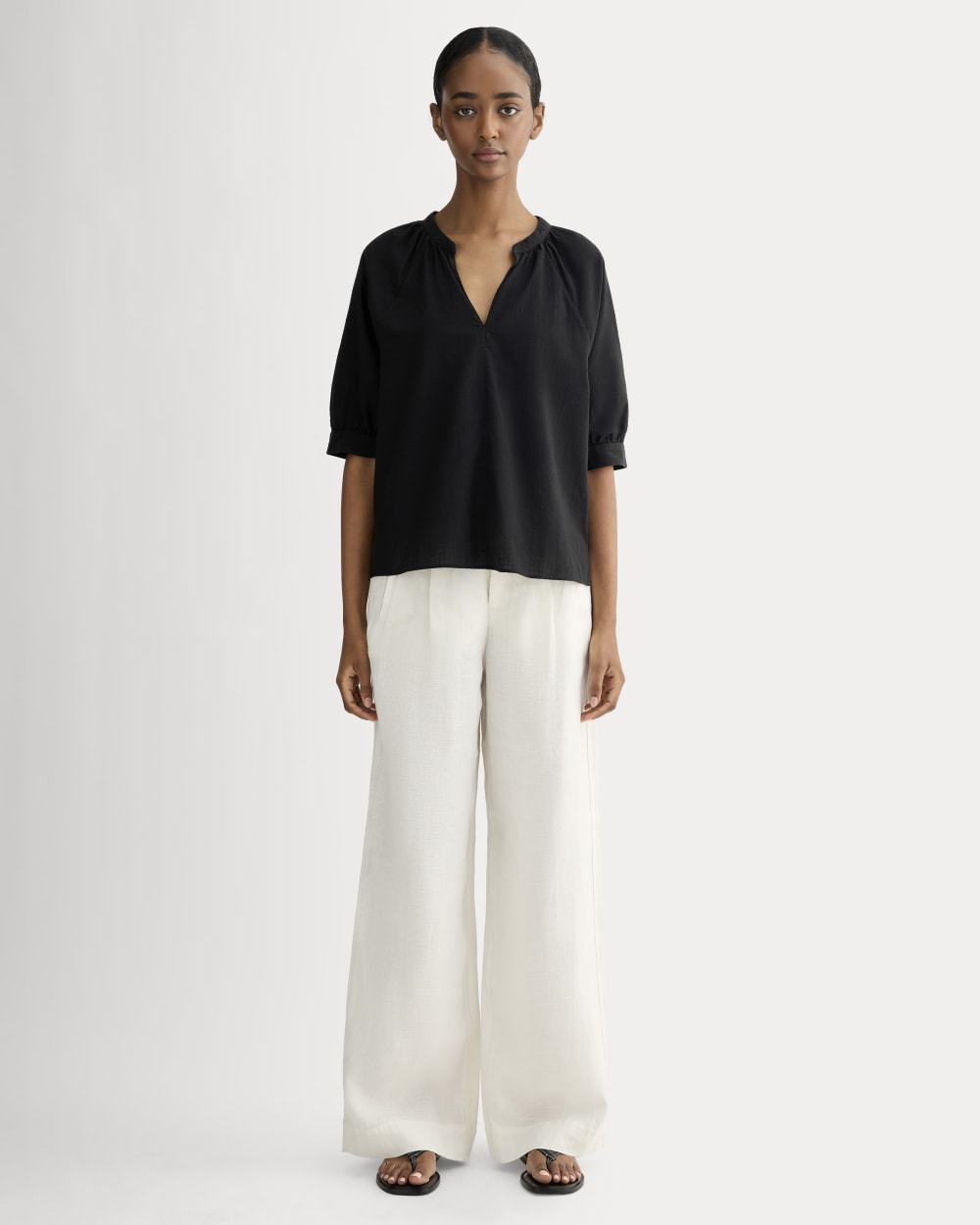 The Gauze Gathered Top in Black — detail view