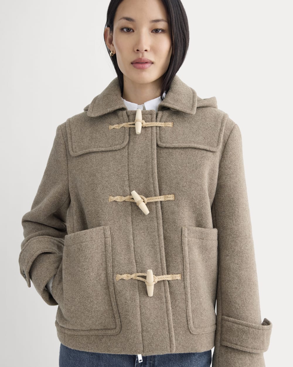 The ReWool Duffle Coat in Heather Taupe — detail view