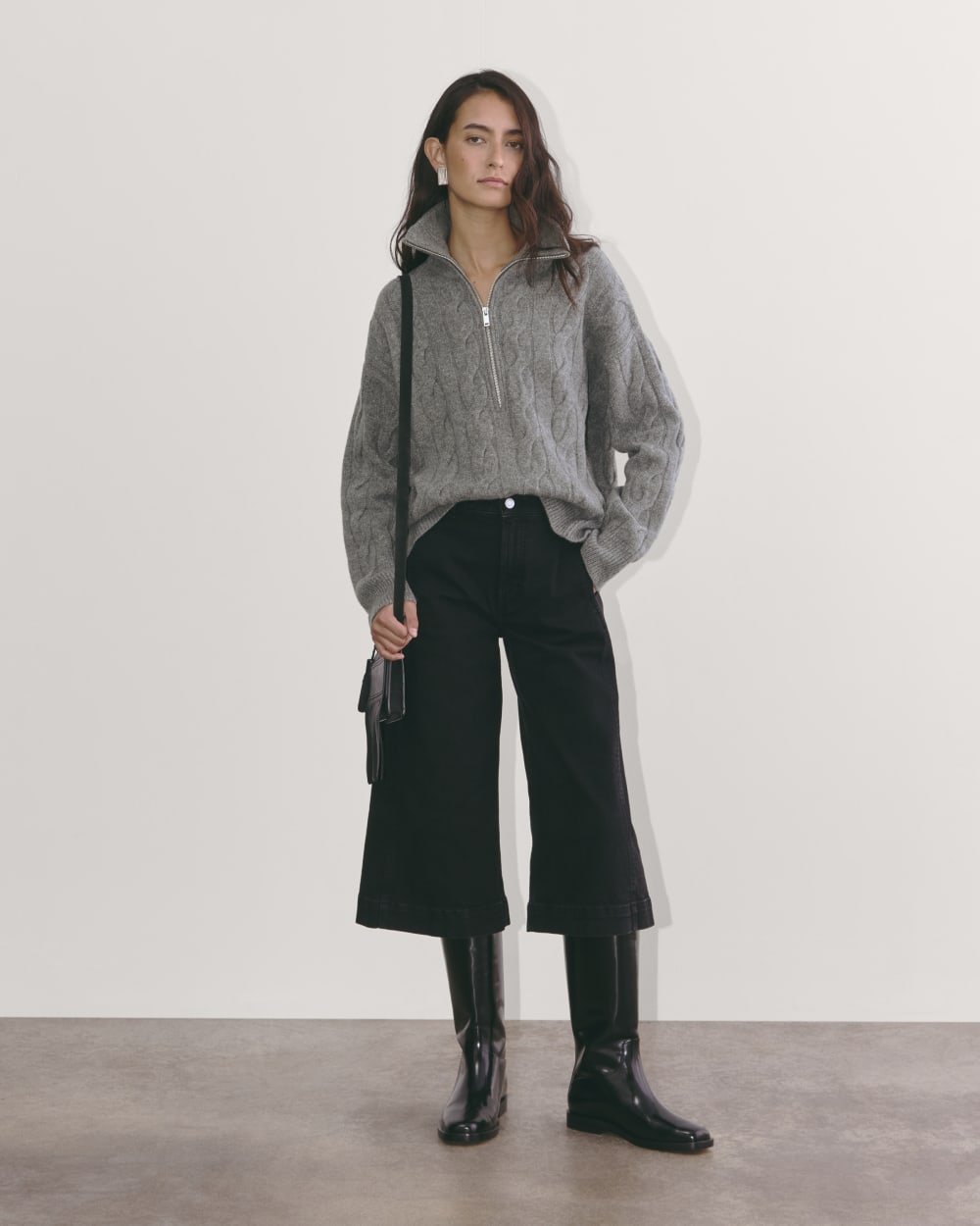 The Cable Half-Zip in Luxe Merino in Heathered Mid-Grey — detail view