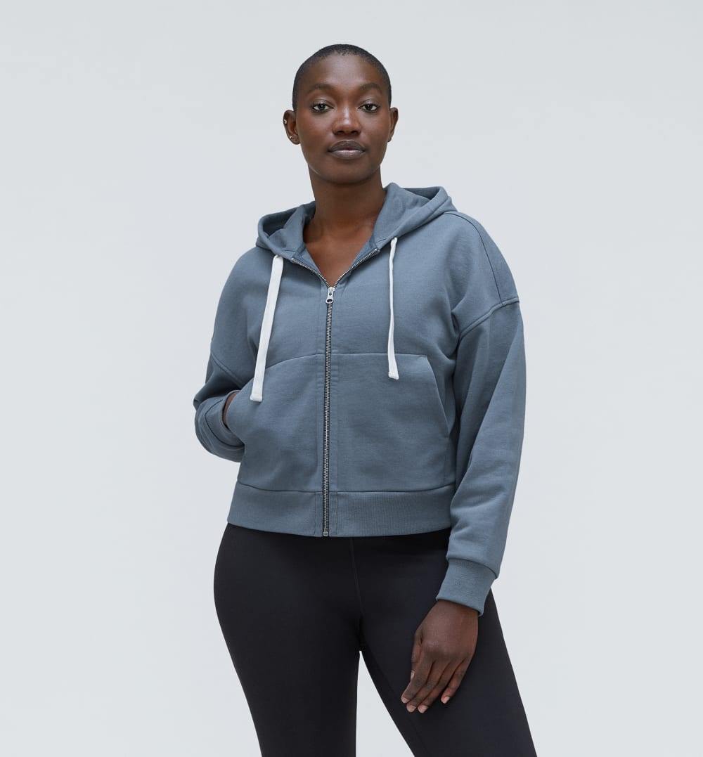 The Track Organic Cotton Hoodie in Faded Blue — detail view