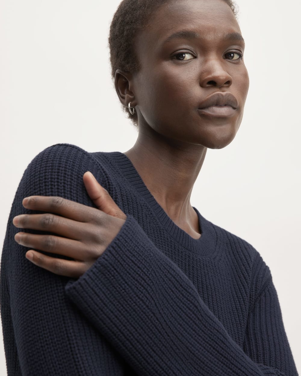 The Organic Cotton Slim Crew Sweater in Navy — detail view