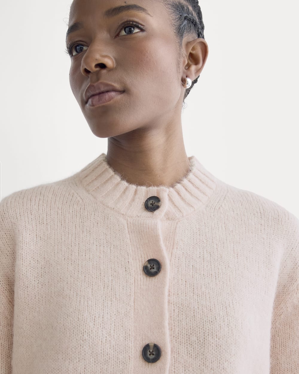 The Crew Cardigan in Alpaca in Soft Rose — detail view