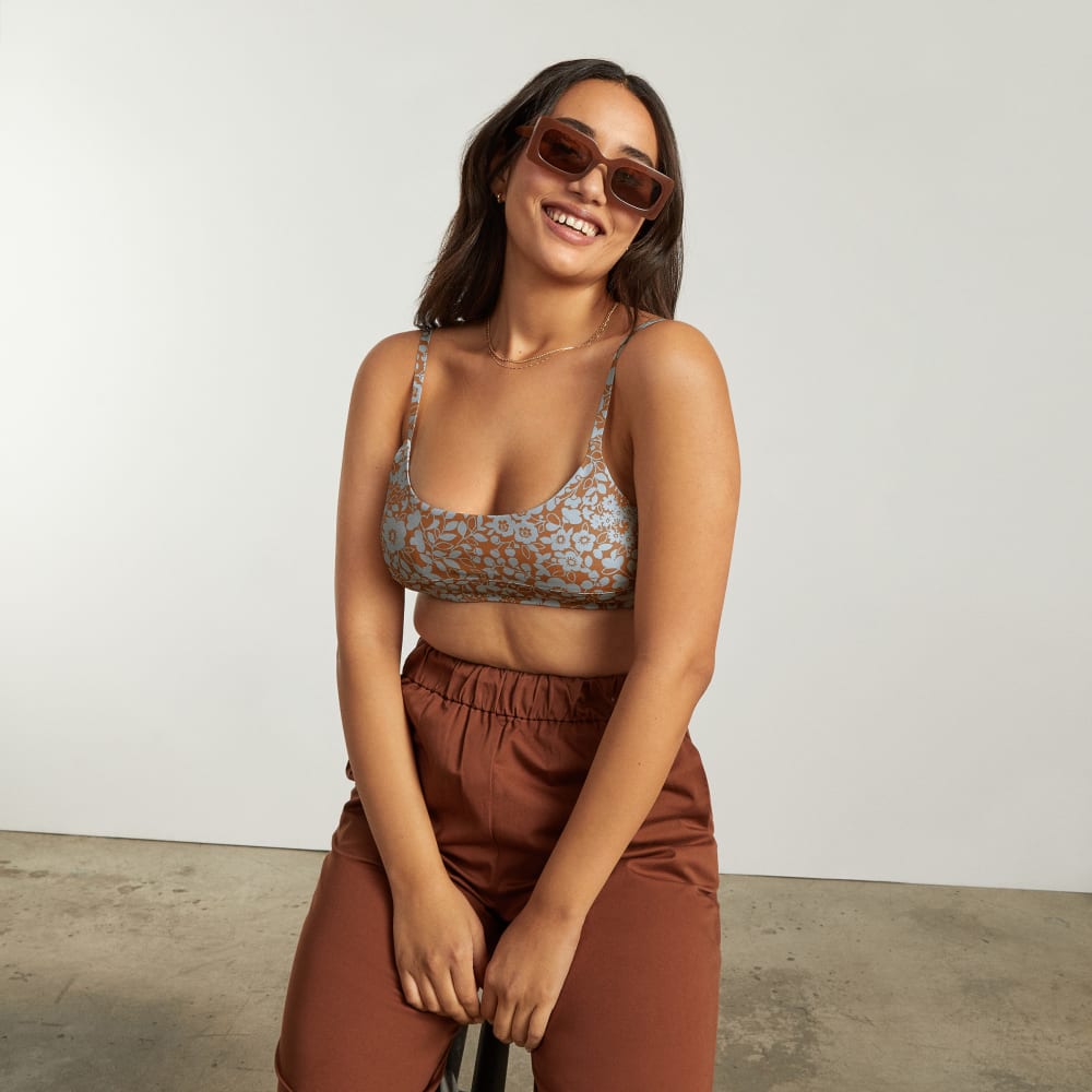 The Scoop-Neck Bikini Top in Honey Floral — detail view
