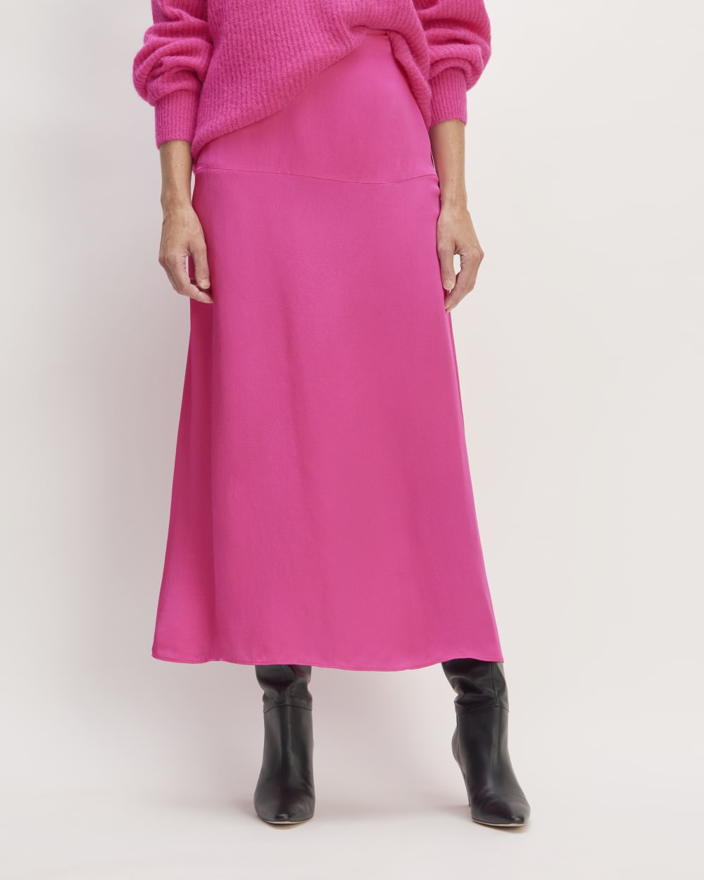 The Hammered Satin Slip Skirt in Fuchsia Pink — detail view